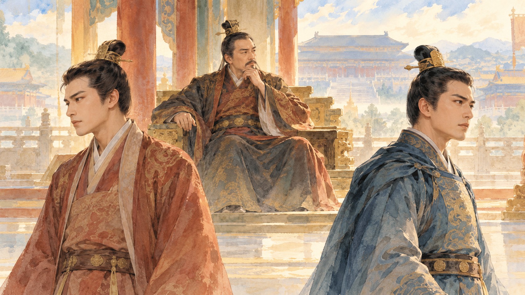 玄武門之變故事特色圖：唐初宮殿中，李淵坐於中央思考，李建成與李世民分立左右前景，視線朝向不同方向，象徵皇帝與父親兩種身分面對繼承衝突