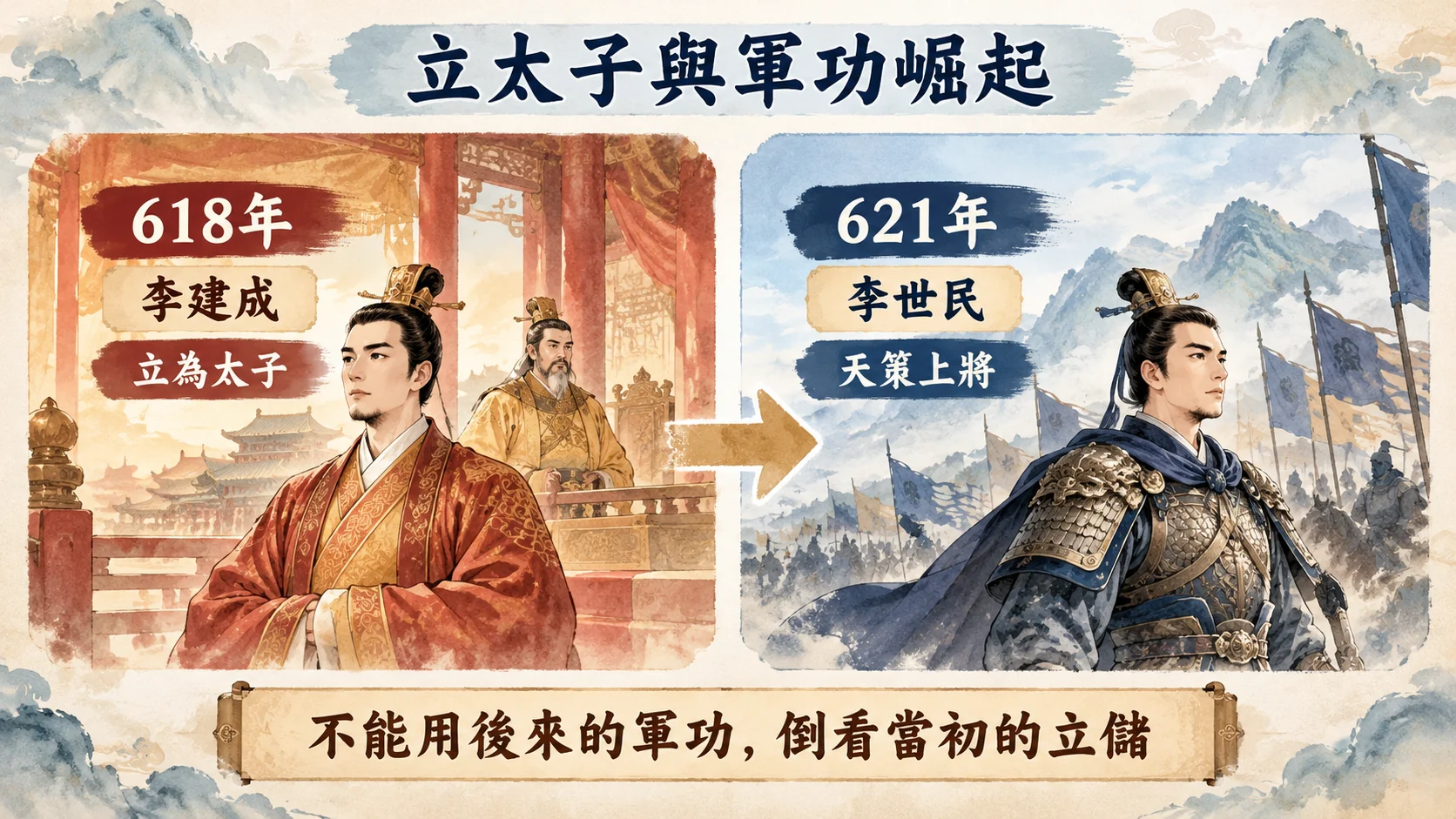 比較卡：立太子與軍功崛起，618年李建成立為太子，621年李世民授天策上將，結論是不能用後來的軍功倒看當初的立儲