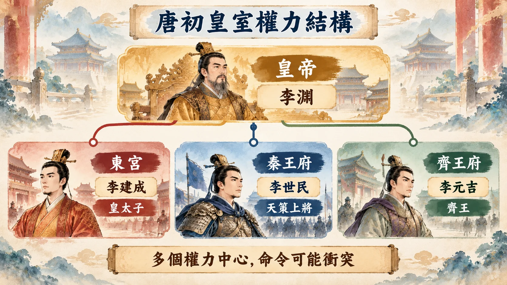 知識卡：唐初皇室權力結構，皇帝李淵之下有東宮李建成皇太子、秦王府李世民天策上將、齊王府李元吉齊王，結論是多個權力中心命令可能衝突