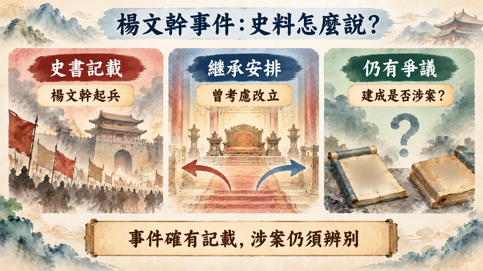 判斷卡：楊文幹事件史料怎麼說，史書記載楊文幹起兵、繼承安排曾考慮改立、建成是否涉案仍有爭議，結論是事件確有記載而涉案仍須辨別