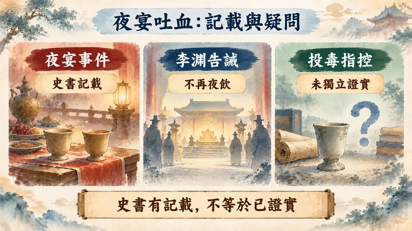 判斷卡：夜宴吐血記載與疑問，夜宴事件為史書記載、李淵告誡不再夜飲、投毒指控未獨立證實，結論是史書有記載不等於已證實