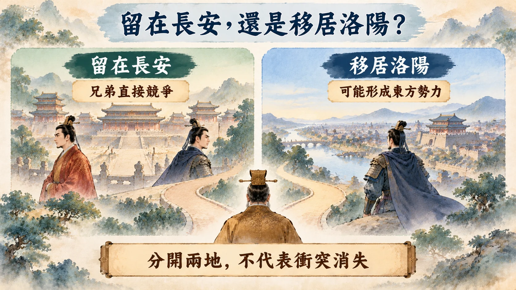 比較卡：留在長安還是移居洛陽，長安代表兄弟直接競爭，洛陽可能形成東方勢力，結論是分開兩地不代表衝突消失
