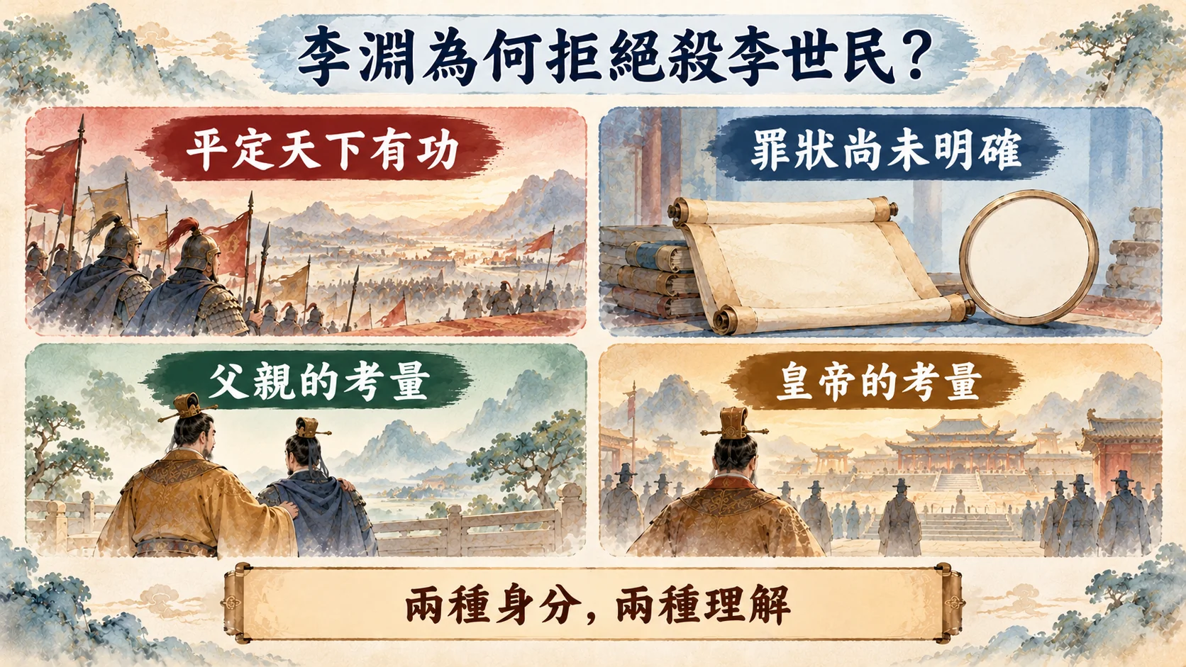 判斷卡：李淵為何拒絕殺李世民，理由是平定天下有功與罪狀尚未明確，另有父親的考量與皇帝的考量兩種理解
