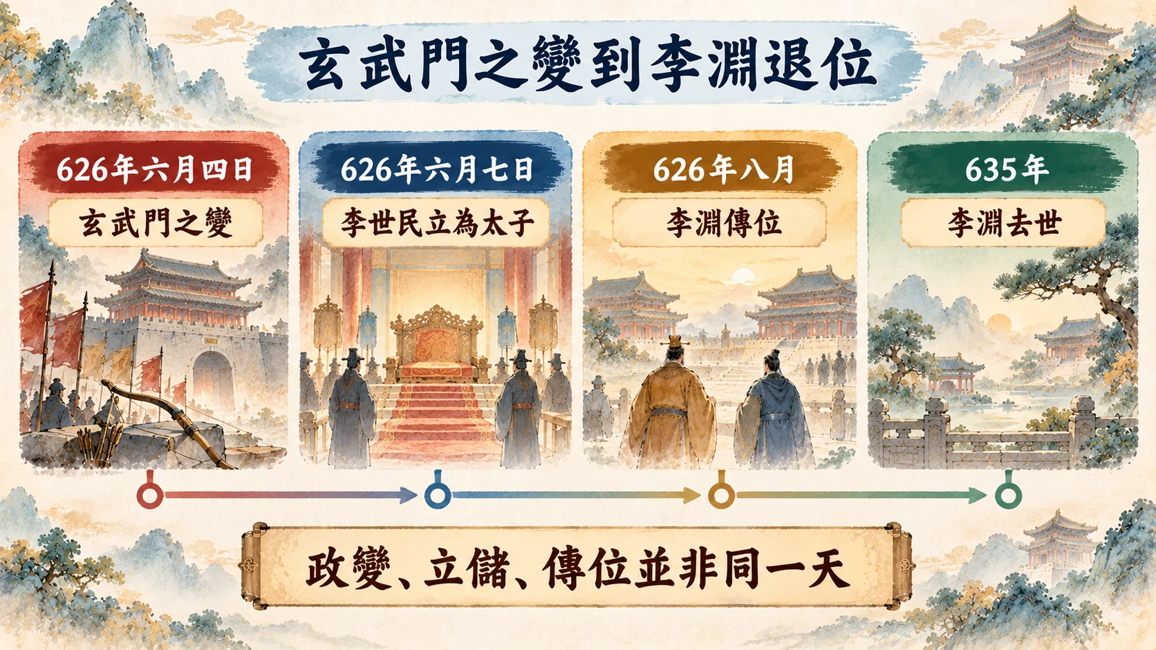 流程卡：玄武門之變到李淵退位，626年六月四日玄武門之變、六月七日李世民立為太子、八月李淵傳位、635年李淵去世，結論是政變立儲傳位並非同一天