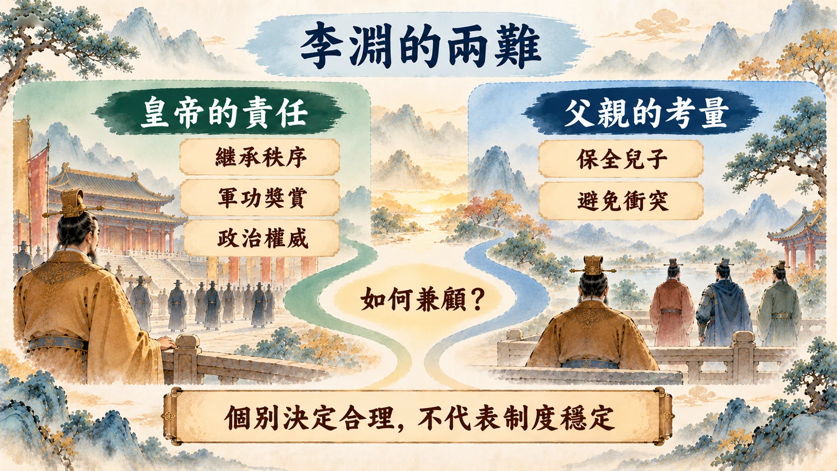 總結卡：李淵的兩難，皇帝的責任包含繼承秩序、軍功獎賞與政治權威，父親的考量包含保全兒子與避免衝突，中央問題是如何兼顧