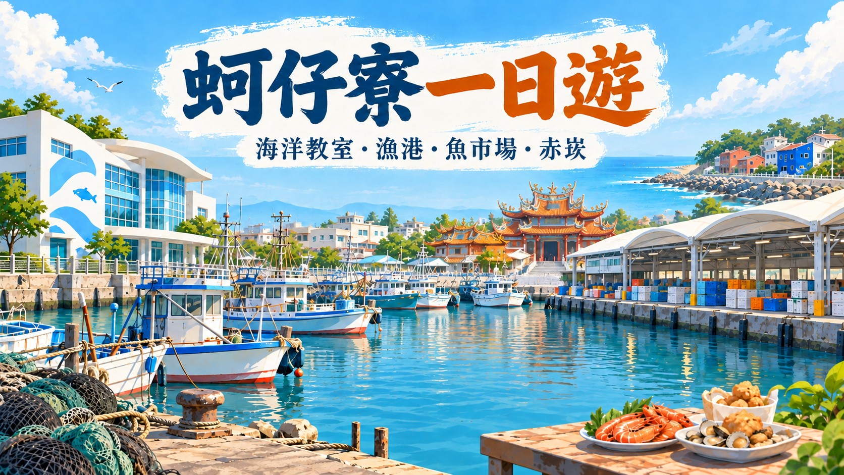 蚵仔寮一日遊特色圖：高雄蚵仔寮港灣兩側有海洋教室、漁船、魚市場棚架與宮廟，遠處是赤崁海岸，標題為「蚵仔寮一日遊」「海洋教室・漁港・魚市場・赤崁」