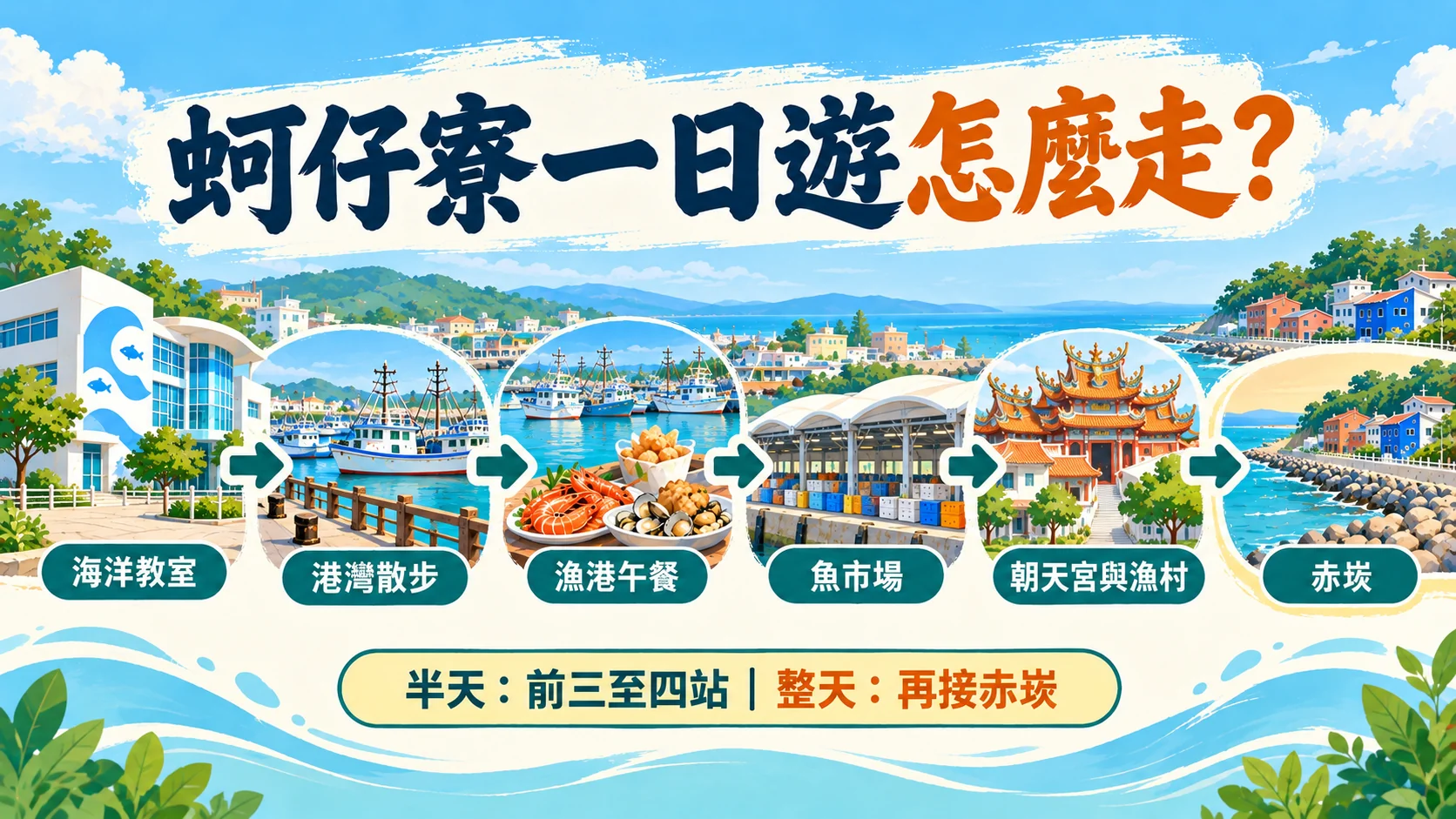 路線卡：蚵仔寮一日遊依序為海洋教室、港灣散步、漁港午餐、魚市場、朝天宮與漁村，最後再接赤崁；半天走前三至四站，整天再接赤崁