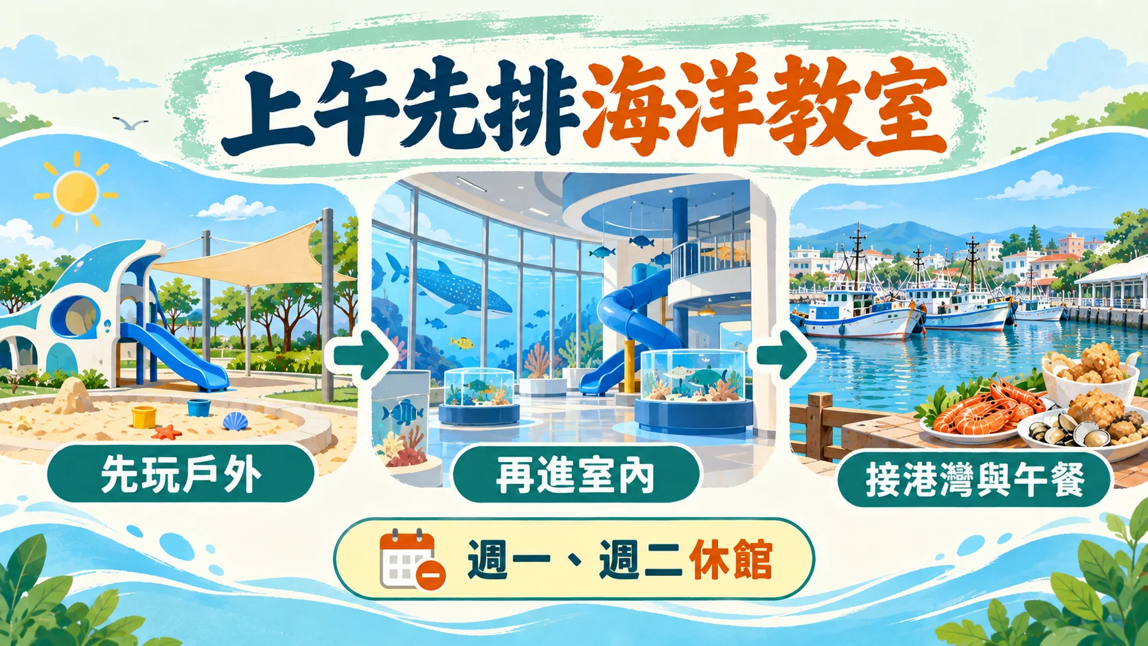 判斷卡：帶小孩上午先排海洋教室，先玩戶外、再進室內，之後接港灣與午餐，提醒週一、週二休館