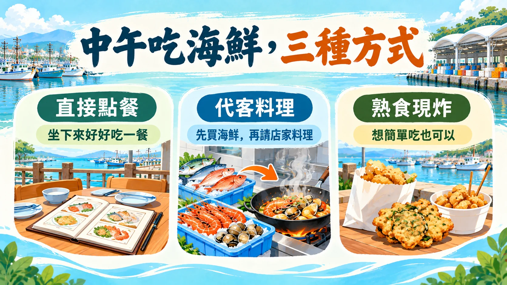 選擇卡：中午吃海鮮有三種方式，直接點餐坐下來好好吃一餐、代客料理先買海鮮再請店家料理、熟食現炸想簡單吃也可以