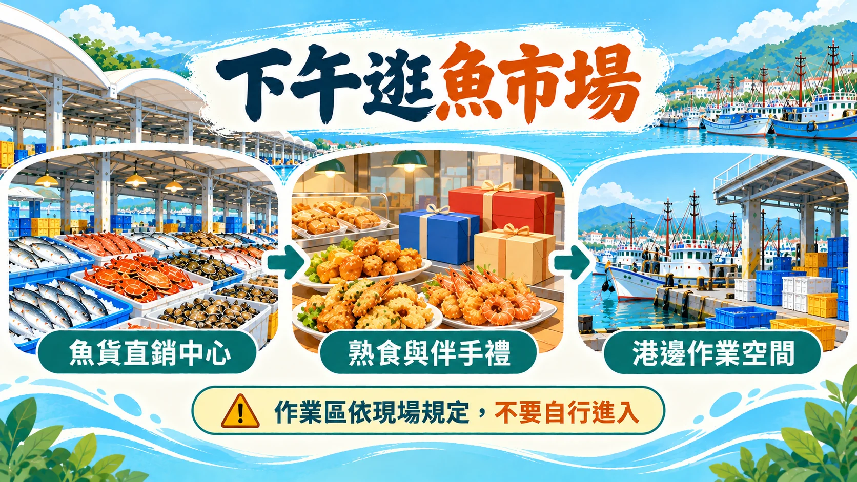 流程卡：下午逛魚市場從魚貨直銷中心，到熟食與伴手禮，再看港邊作業空間，提醒作業區依現場規定不要自行進入