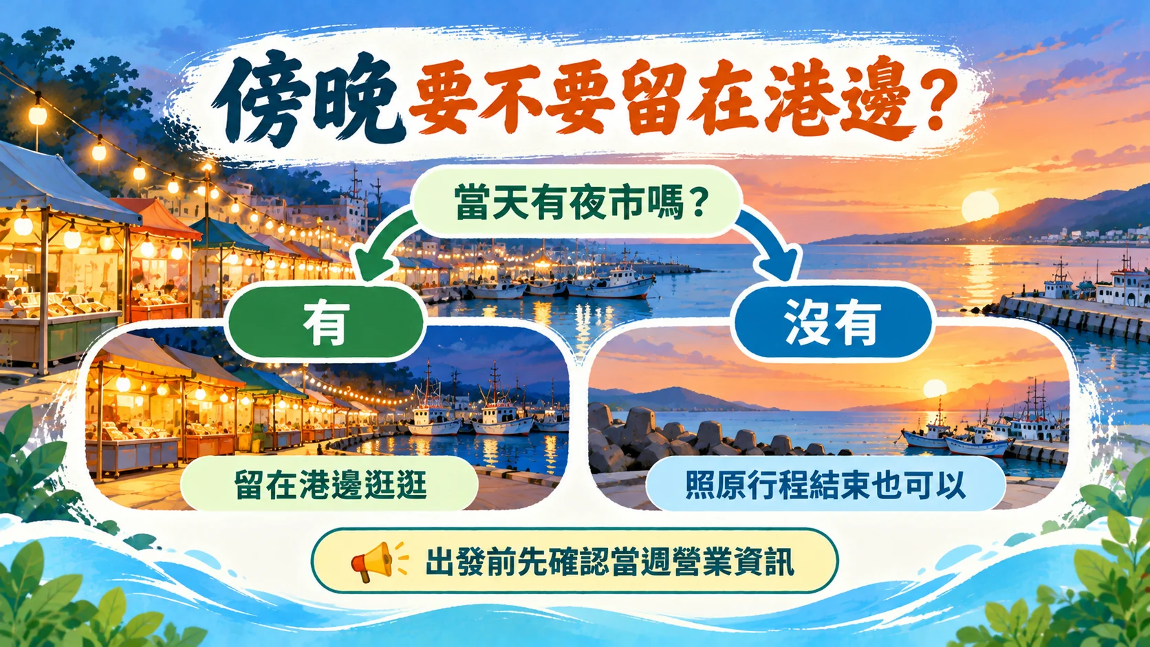 判斷卡：傍晚要不要留在港邊，取決於當天有沒有夜市；有就留在港邊逛逛，沒有就照原行程結束，出發前先確認當週營業資訊