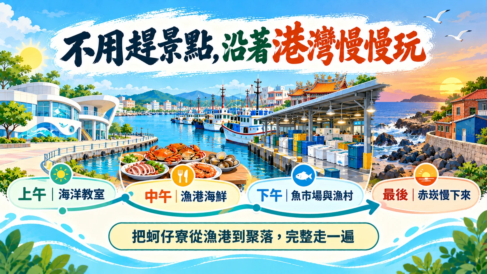 總結卡:不用趕景點,沿著港灣慢慢玩,依序是上午海洋教室、中午漁港海鮮、下午魚市場與漁村、最後赤崁慢下來