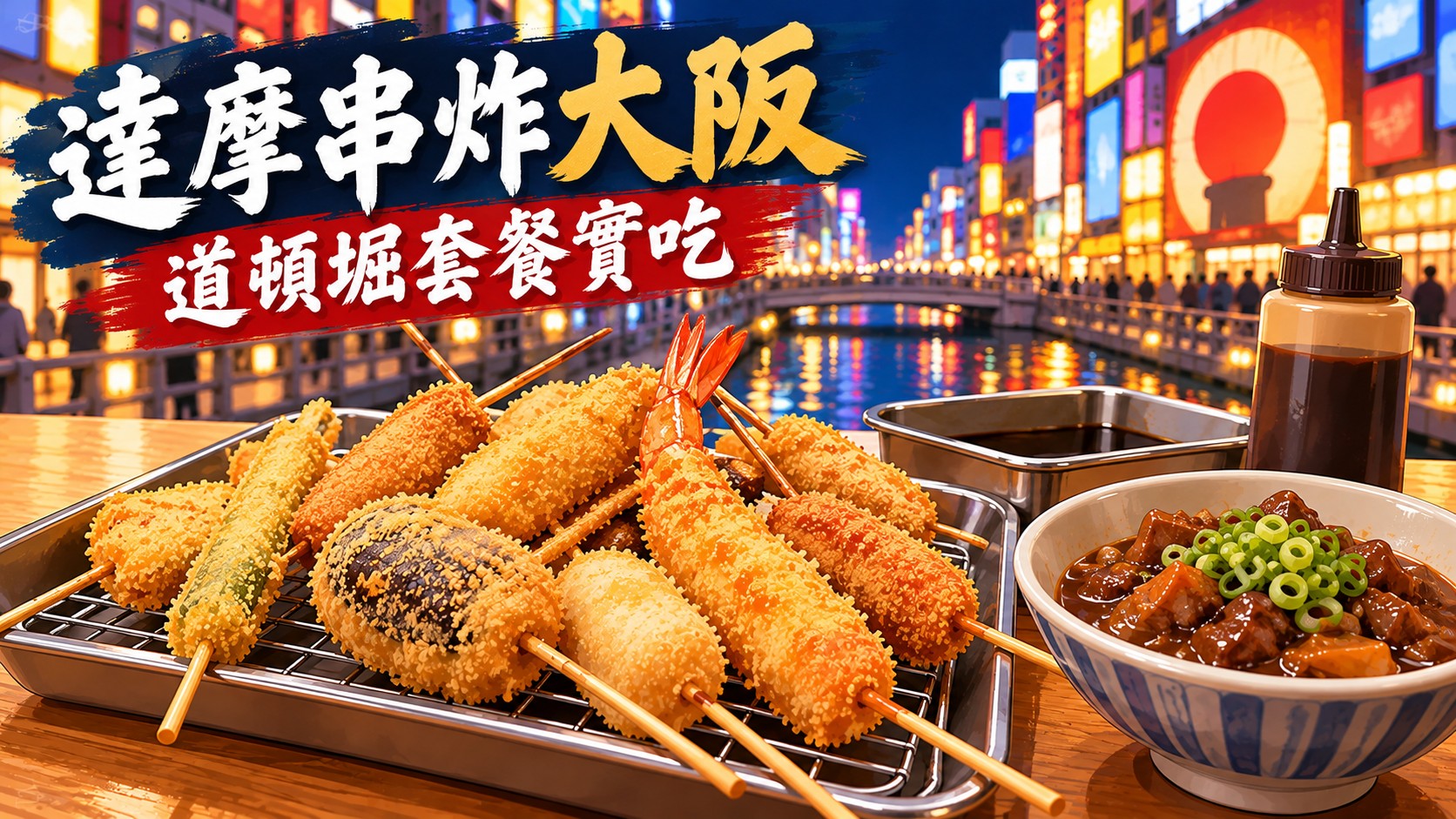 達摩串炸大阪特色圖：道頓堀河岸夜景前，鐵盤上有多支金黃串炸，旁邊有串炸醬擠壓瓶與一碗灑上蔥花的味噌燉牛筋，標題為「達摩串炸大阪」「道頓堀套餐實吃」