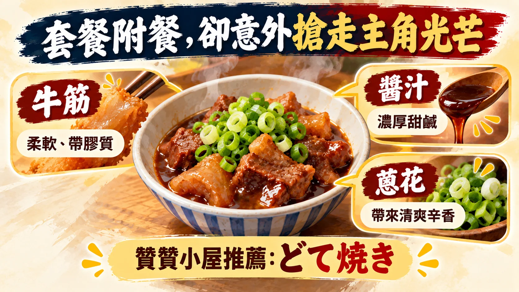 口味整理卡：どて焼き的牛筋柔軟帶膠質、醬汁濃厚甜鹹、蔥花帶來清爽辛香，推薦套餐附餐選どて焼き