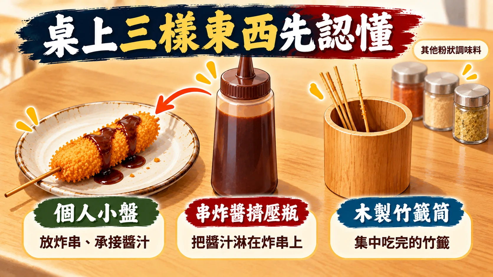 桌面使用整理卡：個人小盤放炸串與承接醬汁，擠壓瓶把醬汁淋在炸串上，木製竹籤筒集中吃完的竹籤