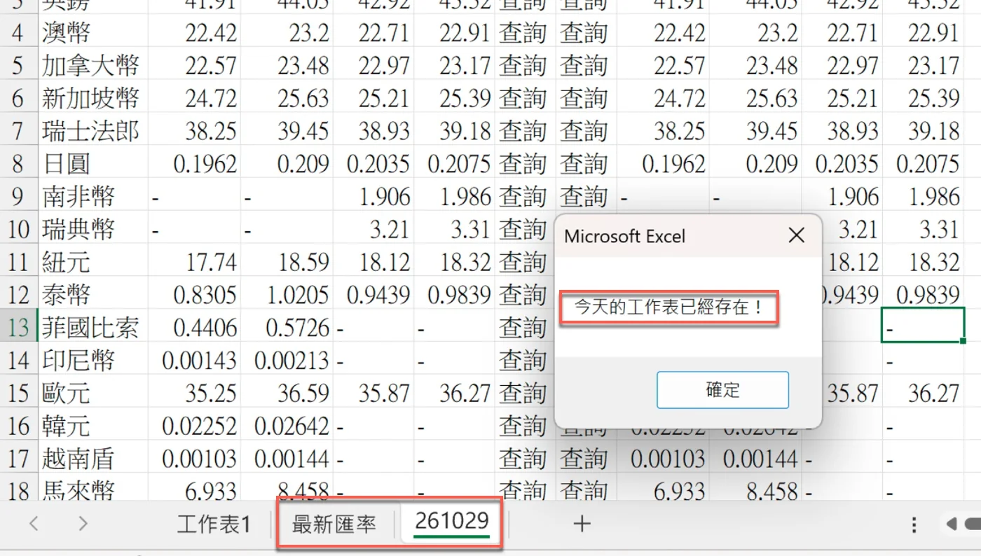 Excel出現訊息視窗「今天的工作表已經存在！」，工作表標籤有「最新匯率」與「261029」