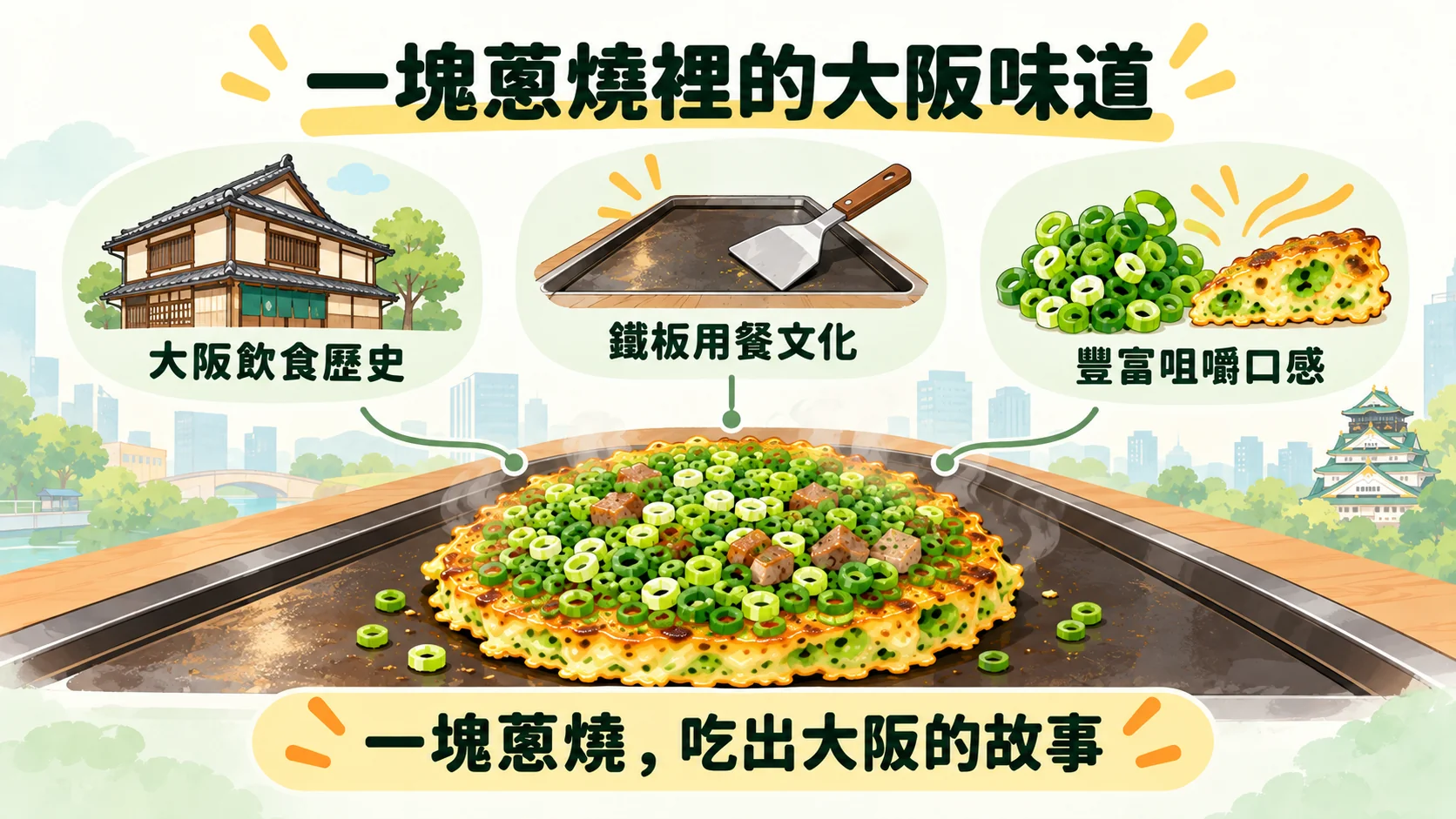 總結卡：一塊蔥燒裡的大阪味道，由大阪飲食歷史、鐵板用餐文化與豐富咀嚼口感組成