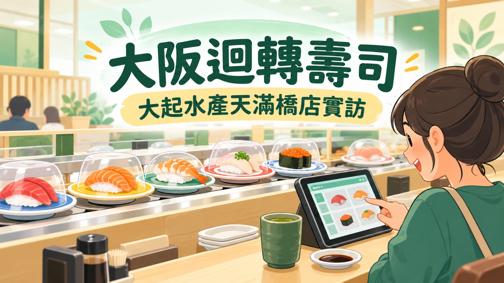 大阪迴轉壽司特色圖：標題「大阪迴轉壽司」與「大起水產天滿橋店實訪」，一位旅客坐在迴轉輸送帶旁的吧檯操作點餐平板，旁邊放著綠色茶杯