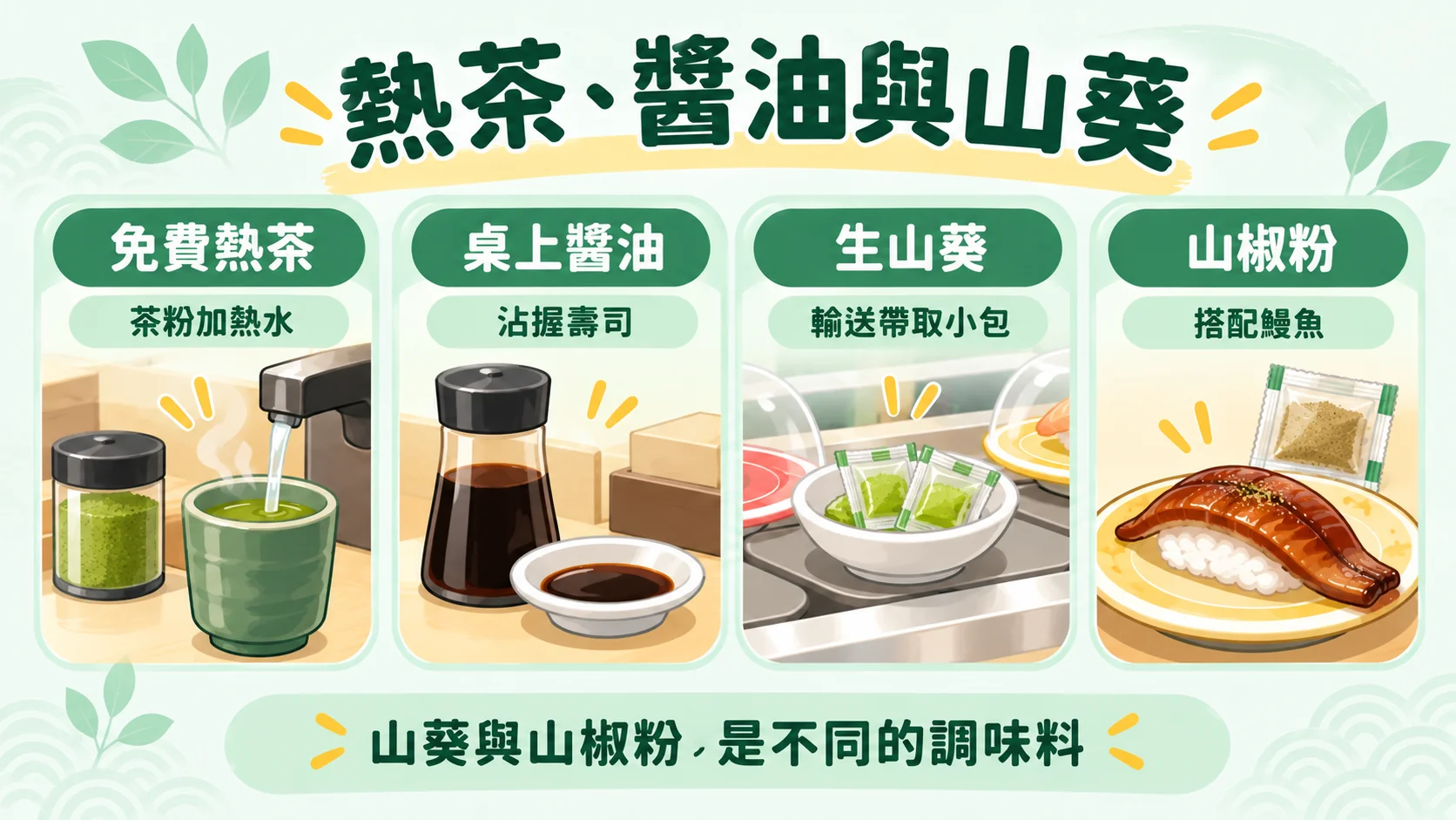 知識卡：免費熱茶、桌上醬油、輸送帶上的生山葵小包與搭配鰻魚的山椒粉