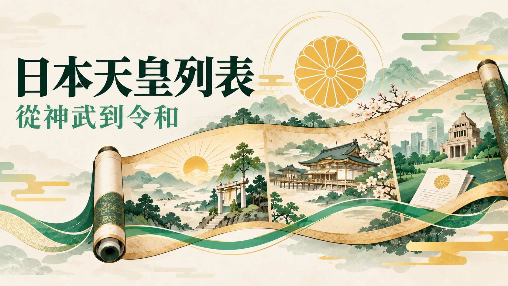日本天皇列表特色圖：日式卷軸展開三段場景，由日出與鳥居、古代宮殿到現代制度，中央有十六瓣菊花紋，標題為「日本天皇列表」「從神武到令和」
