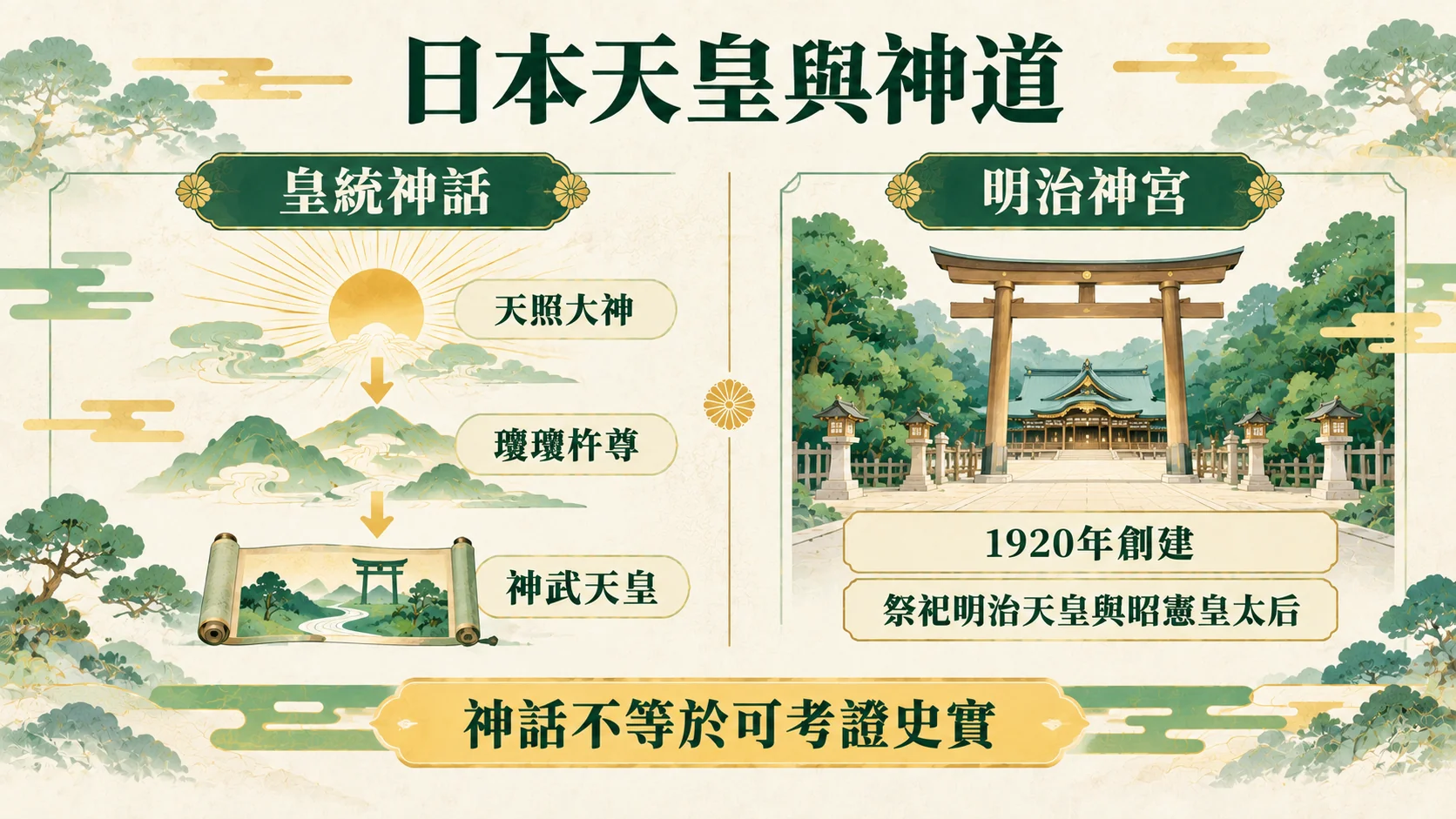 知識關係卡：左側皇統神話依序為天照大神、瓊瓊杵尊、神武天皇，右側明治神宮1920年創建、祭祀明治天皇與昭憲皇太后，神話不等於可考證史實