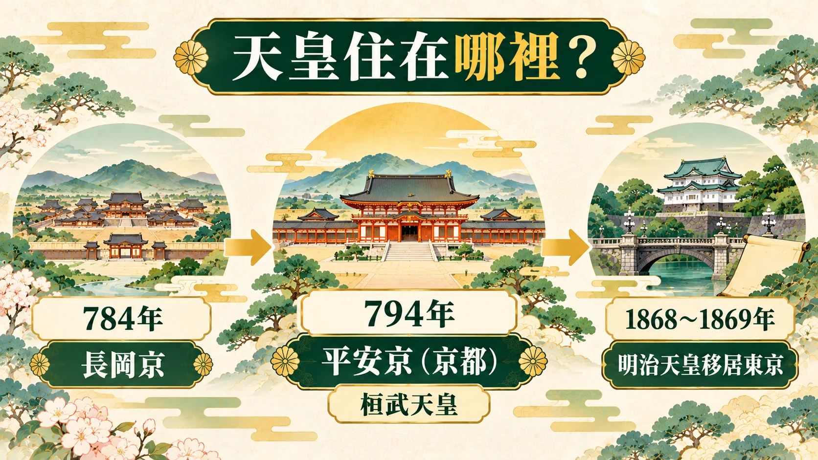 時間線卡：天皇住在哪裡，784年長岡京、794年平安京（京都）桓武天皇、1868～1869年明治天皇移居東京