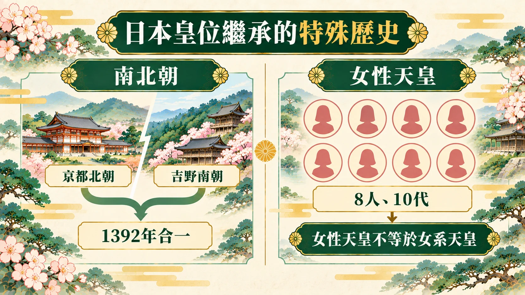 比較知識卡：日本皇位繼承的特殊歷史，南北朝的京都北朝與吉野南朝在1392年合一，女性天皇共8人、10代，女性天皇不等於女系天皇