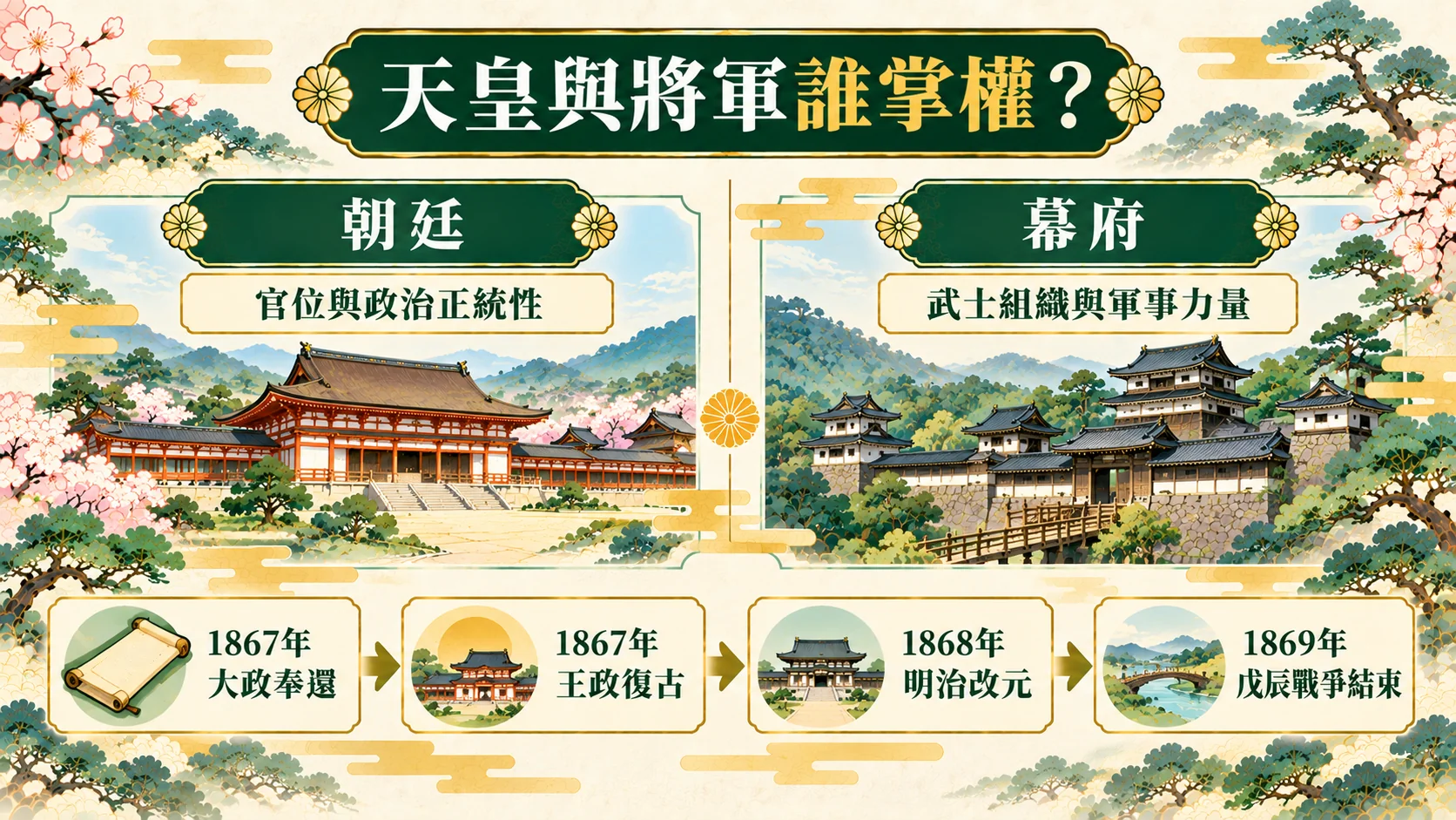 權力關係卡：朝廷代表官位與政治正統性，幕府代表武士組織與軍事力量，並列1867年大政奉還、王政復古、1868年明治改元與1869年戊辰戰爭結束