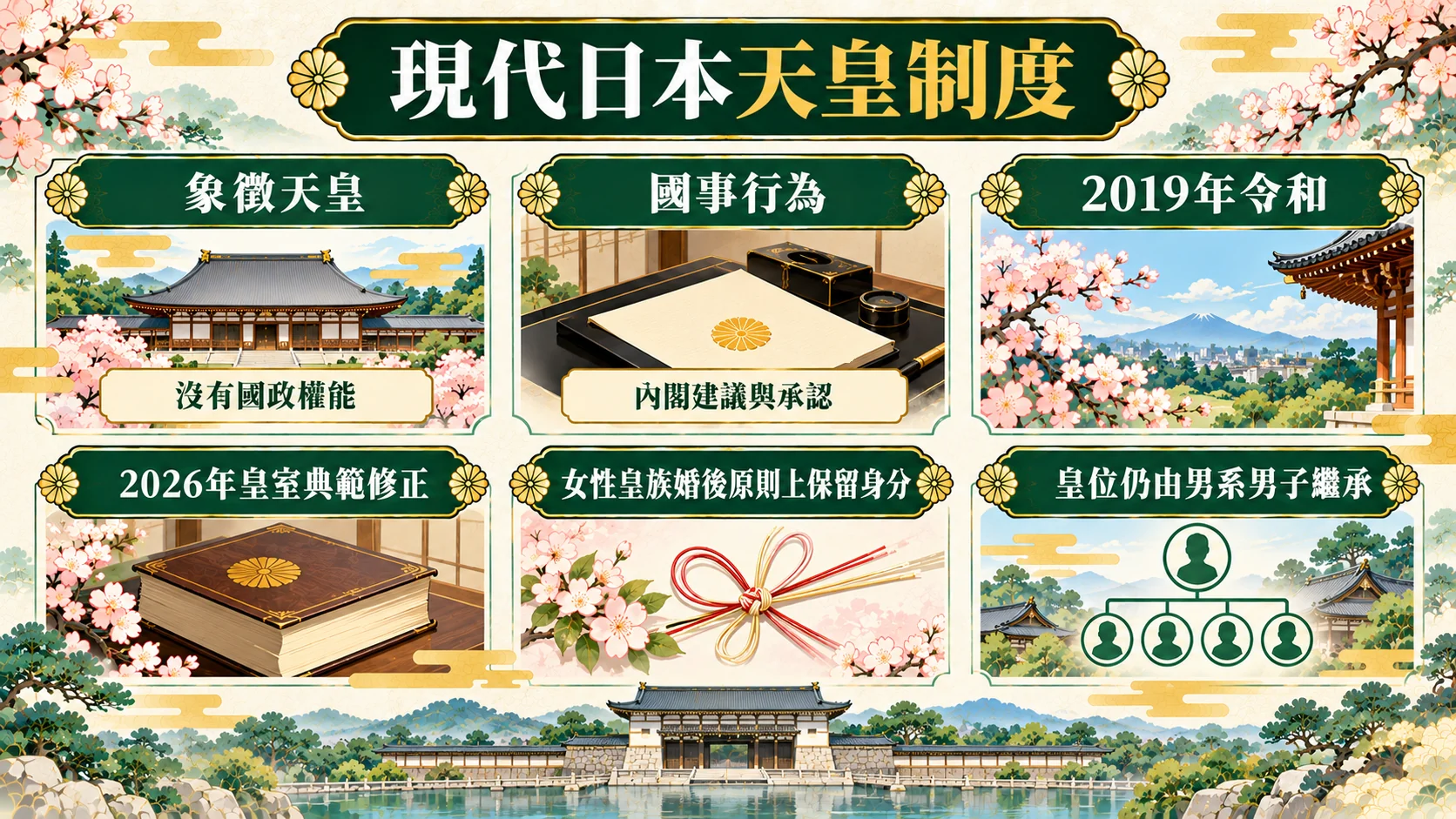 制度整理卡：現代日本天皇制度，象徵天皇沒有國政權能，國事行為需內閣建議與承認，2019年令和，2026年皇室典範修正使女性皇族婚後原則上保留身分，皇位仍由男系男子繼承
