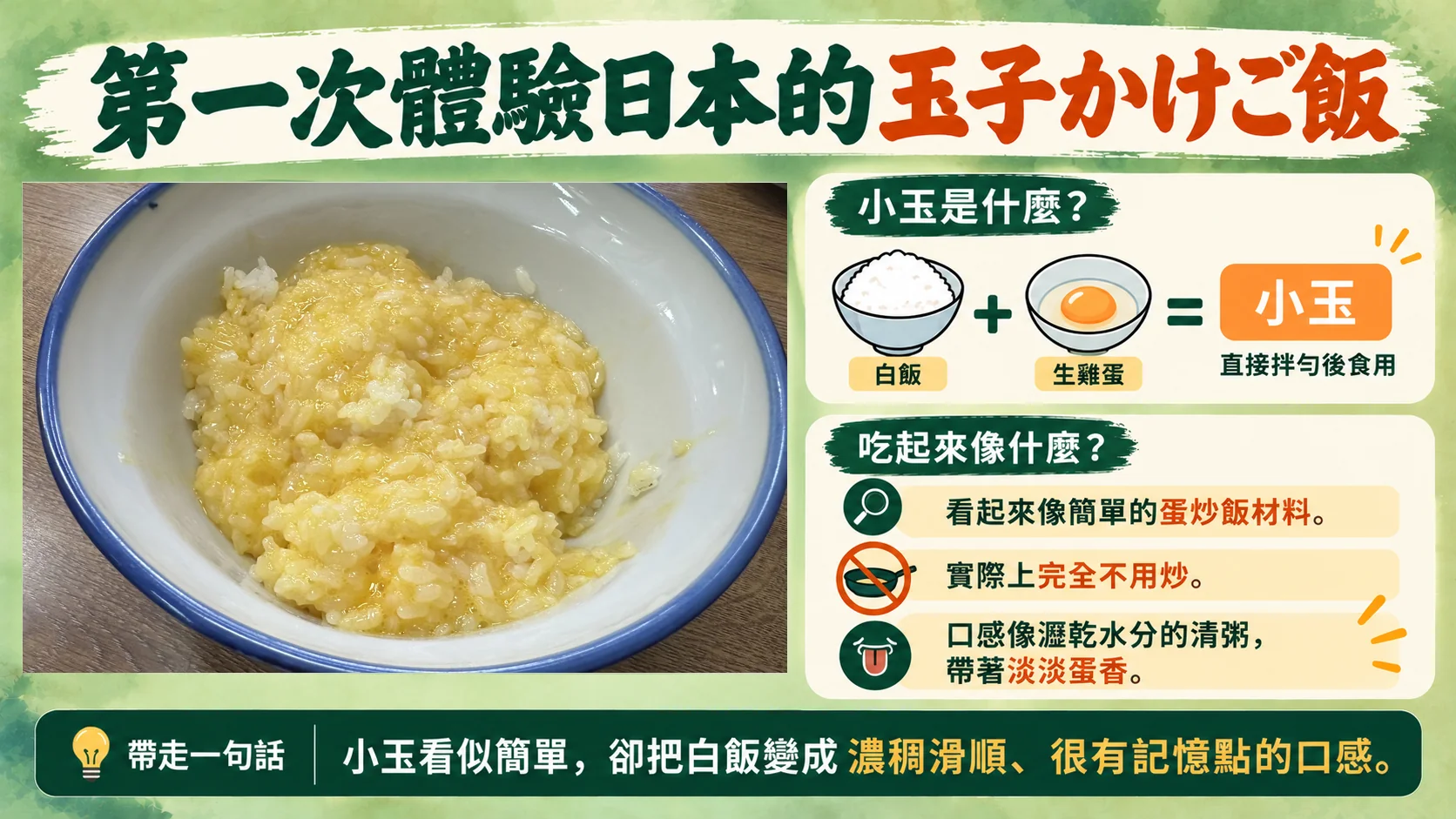 料理理解卡：小玉是白飯加生雞蛋拌勻食用，口感像瀝乾水分的清粥，帶著淡淡蛋香