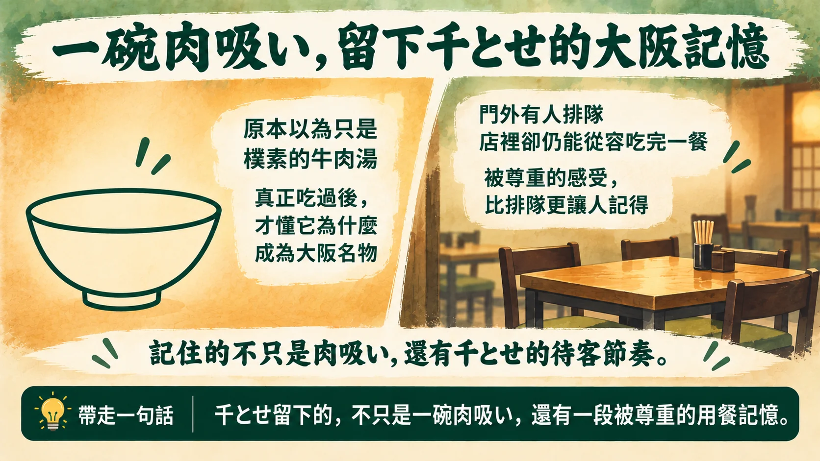 總結卡:一碗肉吸い,留下千とせ的大阪記憶,左側是料理改觀的印象,右側是店內不催促客人的用餐感受