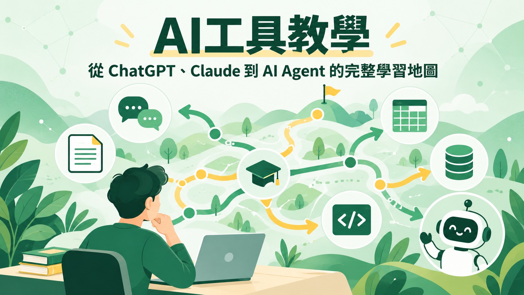 AI工具教學完整學習地圖，涵蓋ChatGPT與AI代理等學習方向