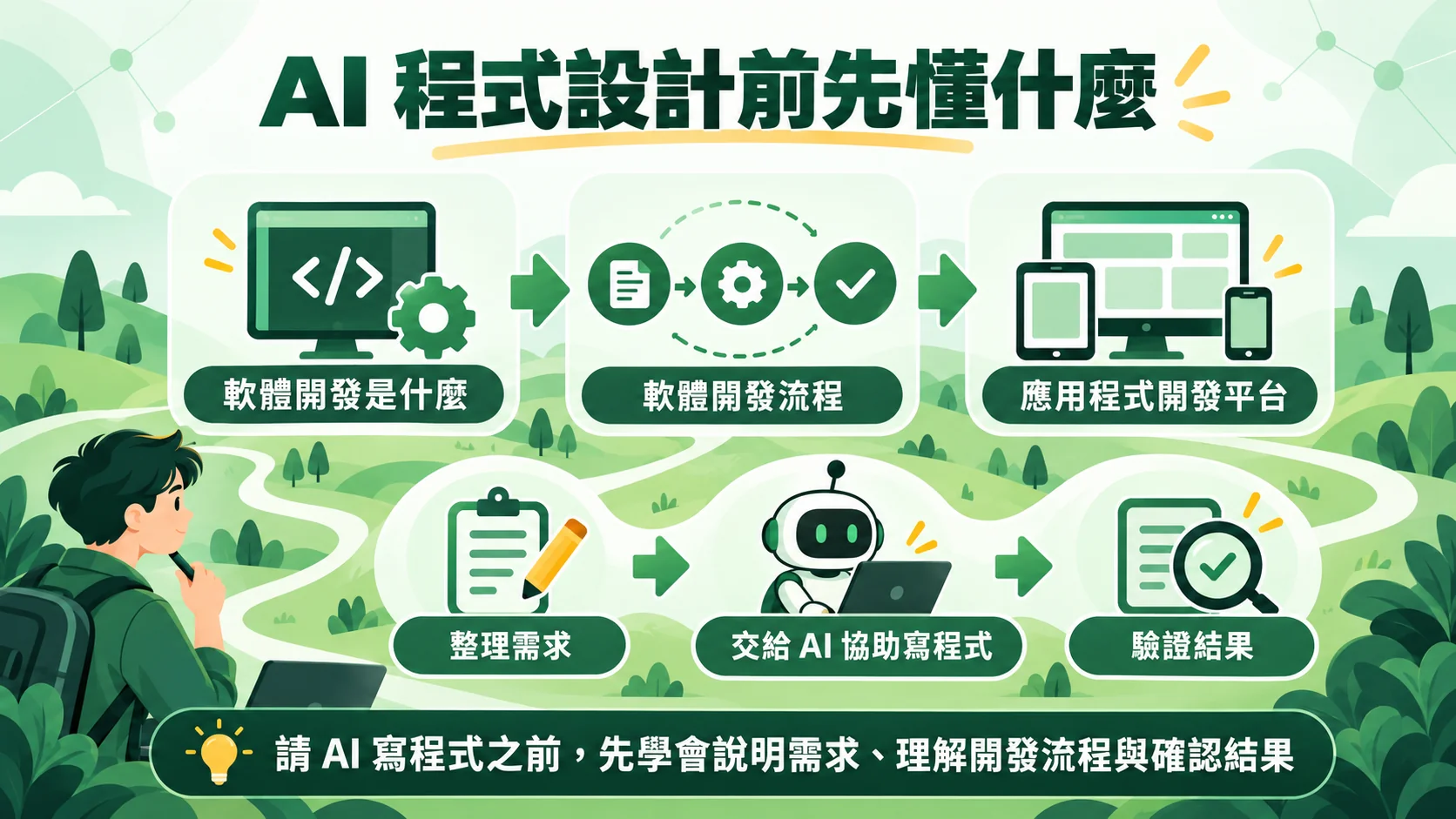 第七節示意圖：軟體開發是什麼、開發流程、應用程式開發平台三個起點，再到整理需求、交給AI協助寫程式與驗證結果