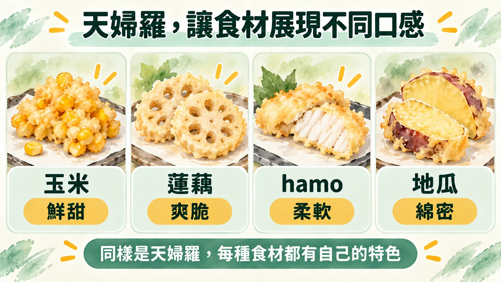 口味整理卡：玉米鮮甜、蓮藕爽脆、hamo柔軟、地瓜綿密