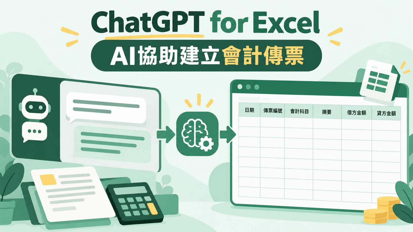 ChatGPT for Excel 增益集示意圖：左側是 ChatGPT 對話，右側是 Excel 傳票日記簿表格，主題為 AI 協助建立會計傳票