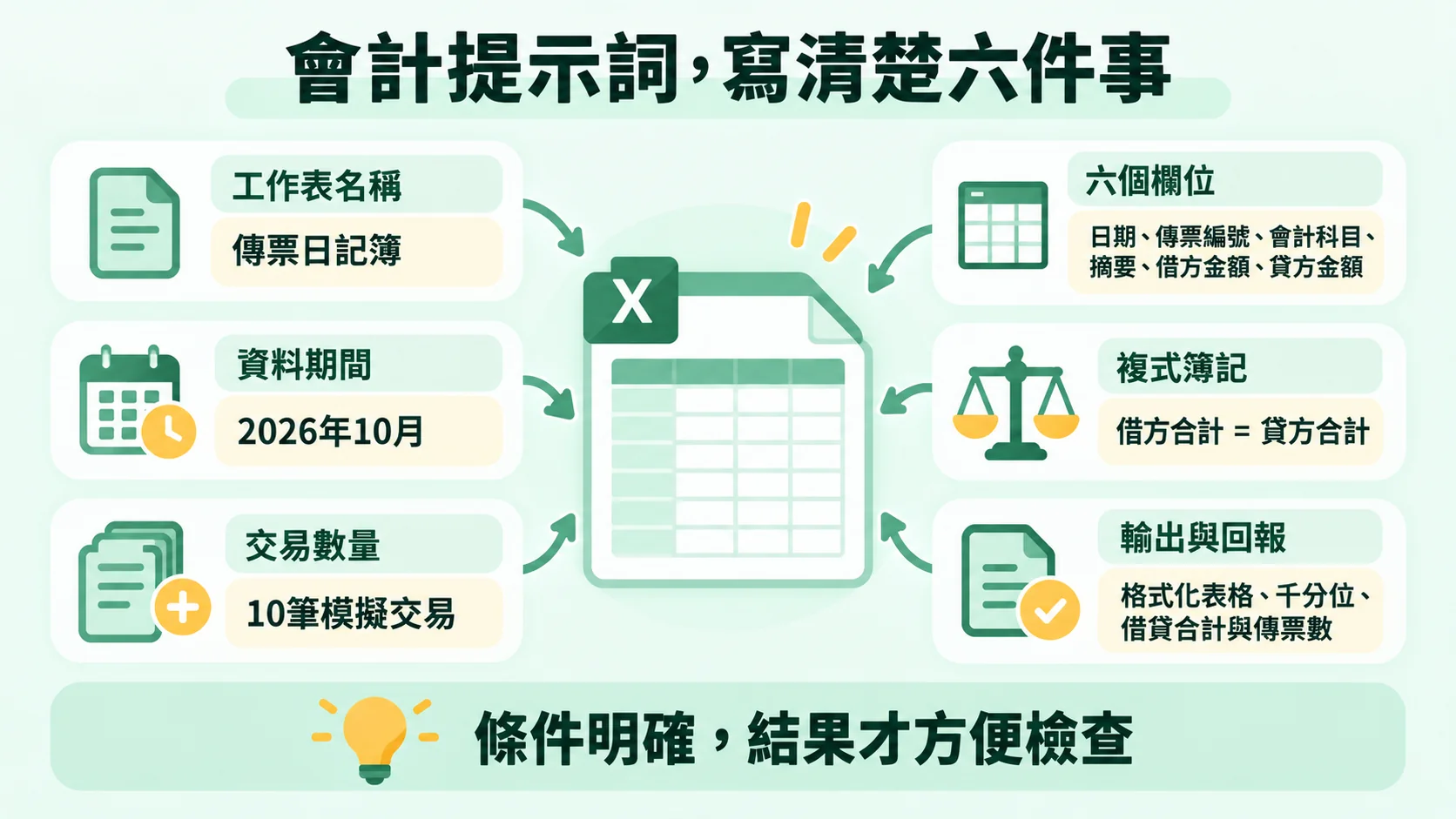 會計提示詞寫清楚六件事：工作表名稱、資料期間、交易數量、六個欄位、複式簿記、輸出與回報