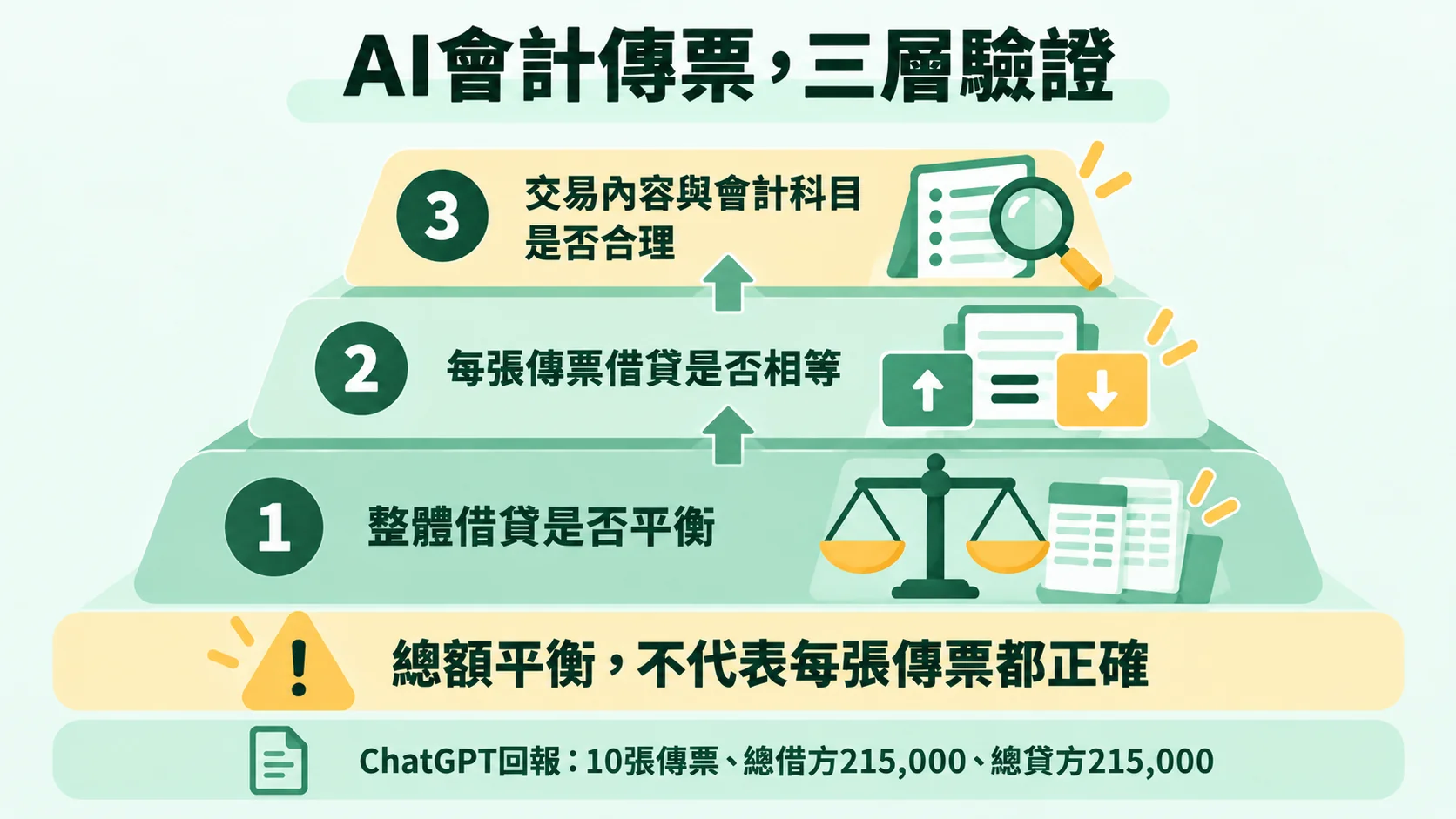 AI 會計傳票三層驗證：整體借貸是否平衡、每張傳票借貸是否相等、交易內容與會計科目是否合理
