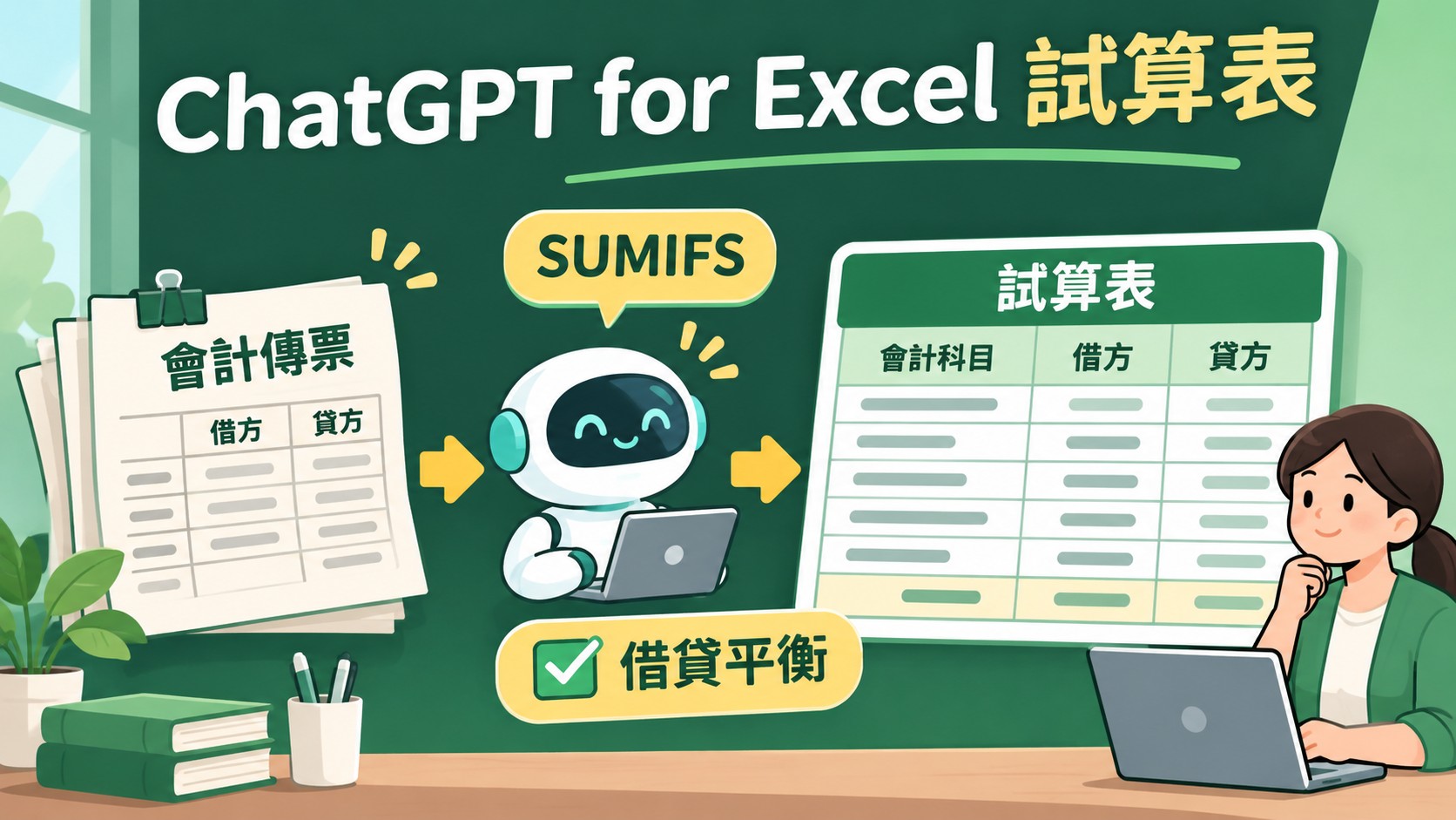 ChatGPT for Excel 試算表示意圖：左側是會計傳票，中間的機器人以 SUMIFS 公式彙總，右側是試算表，並標示借貸平衡