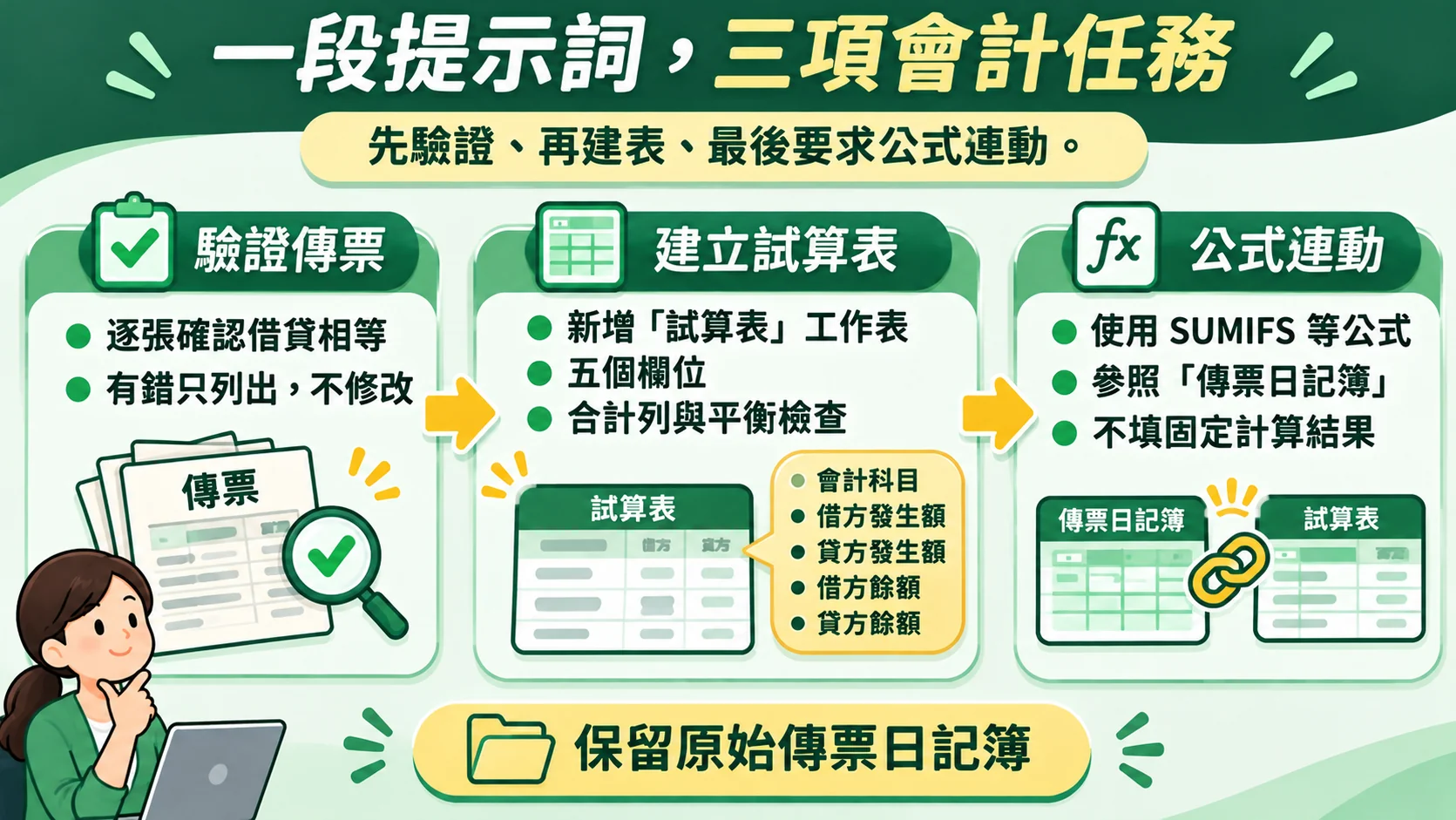 K4 流程卡：一段提示詞包含驗證傳票、建立試算表與公式連動三項會計任務，並保留原始傳票日記簿