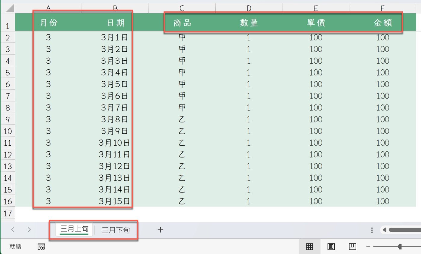 一、多工作表同類資料