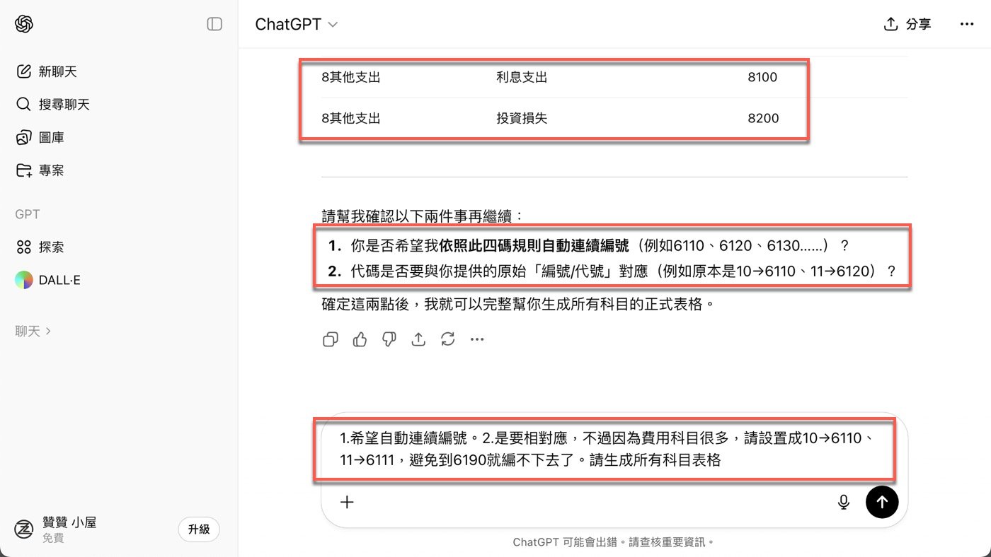 AI會計科目整理:1份ChatGPT做的會科代碼表