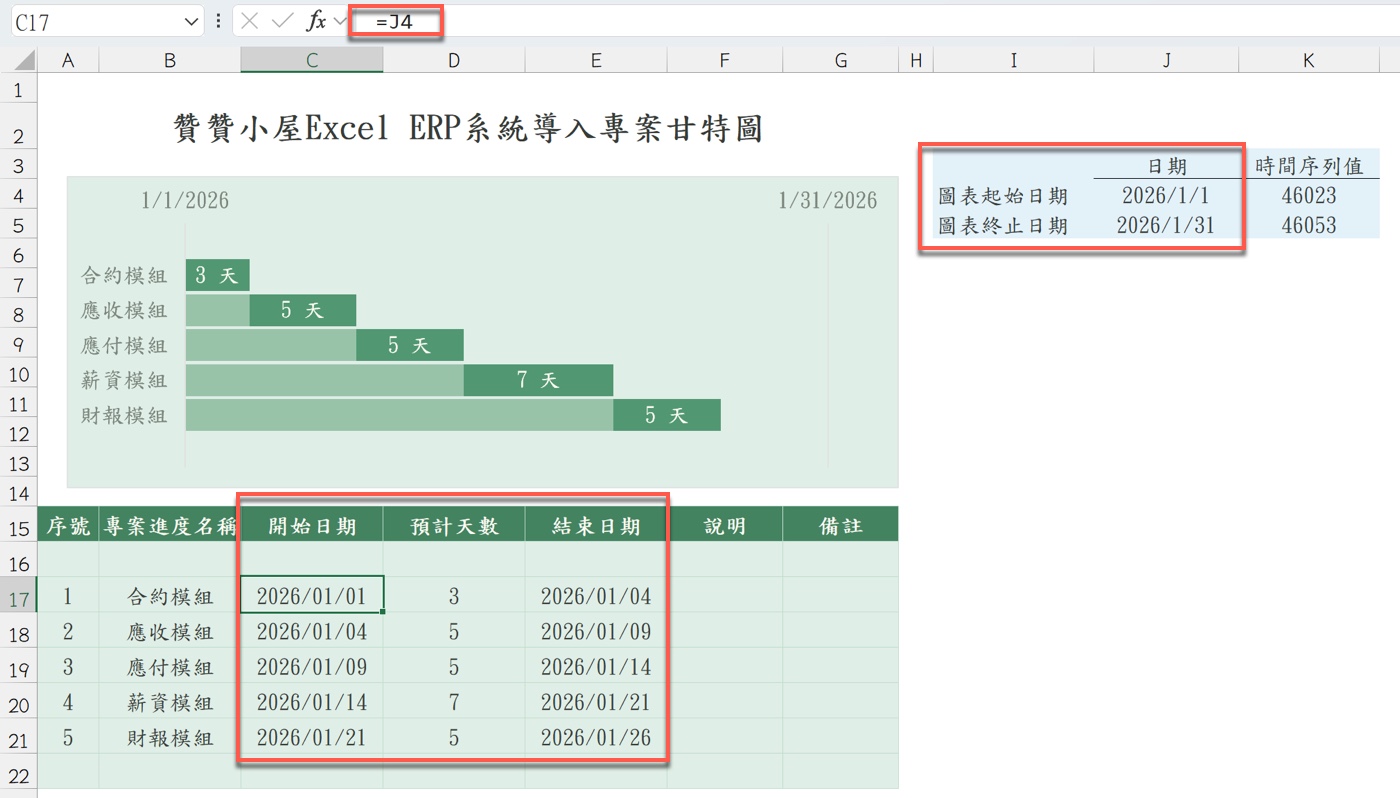 二、開始日期的公式連結