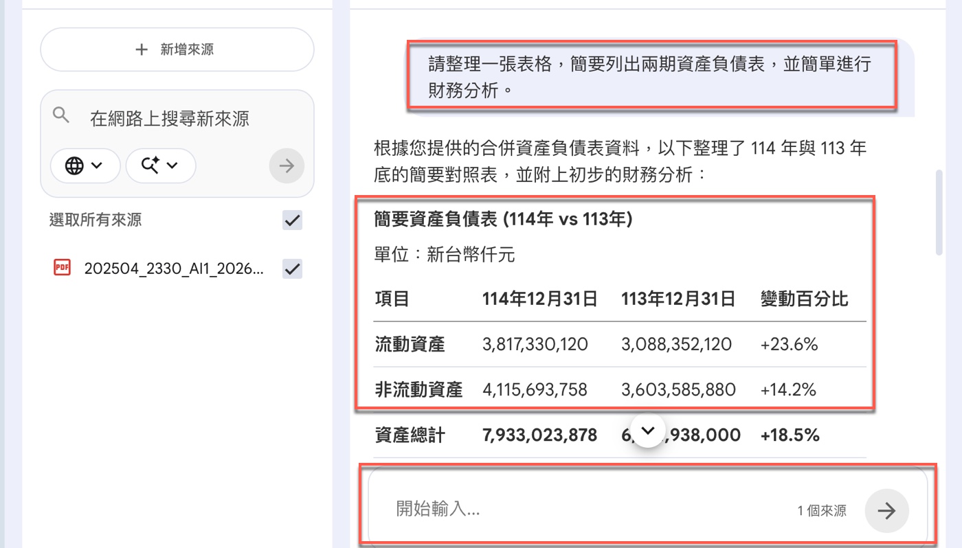 四、用對話功能整理資產負債表