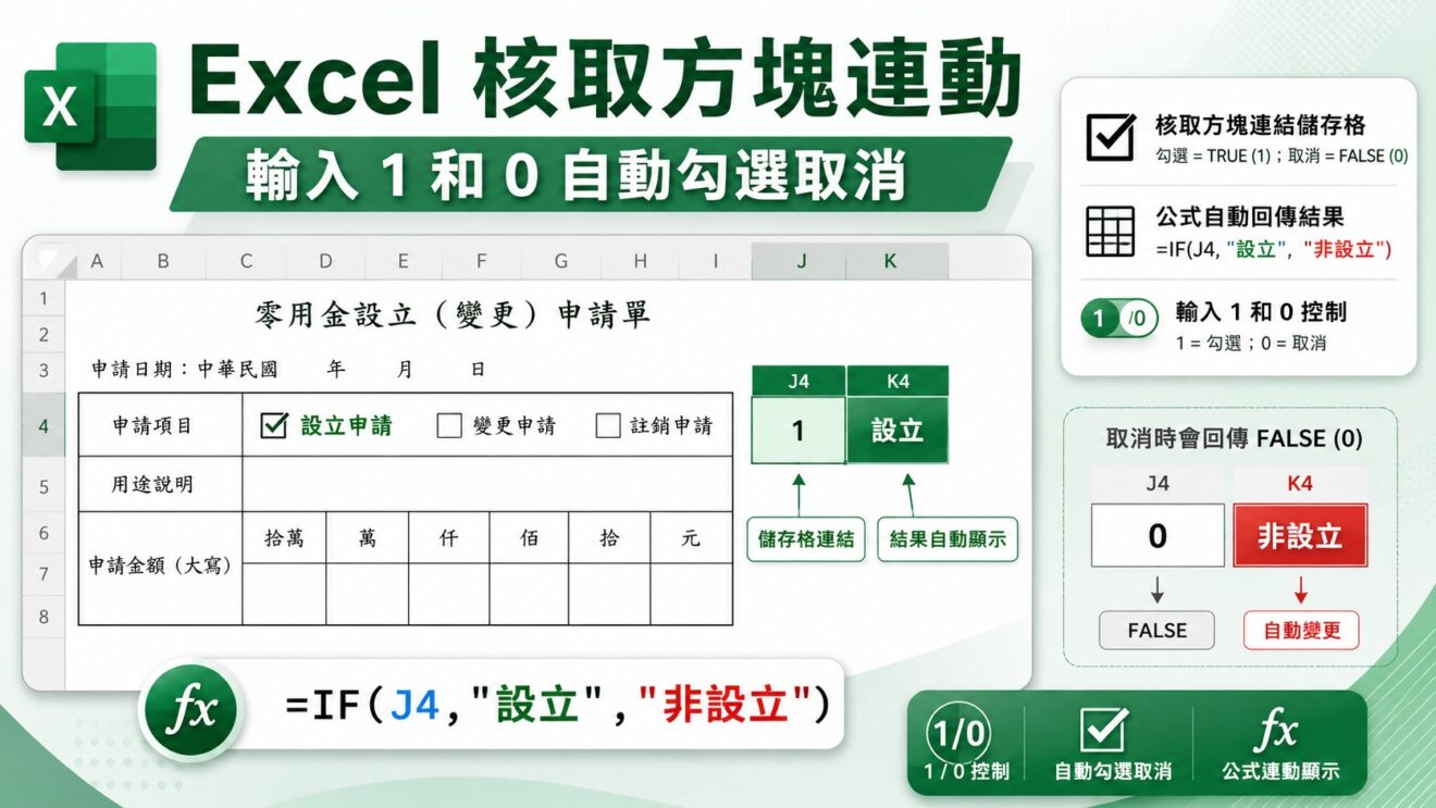 Excel 核取方塊連動:輸入 1 和 0 自動勾選取消