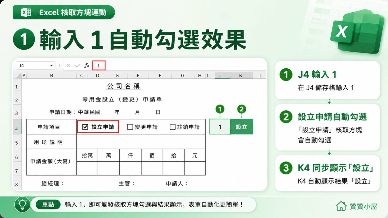 Excel 核取方塊連動:輸入 1 和 0 自動勾選取消