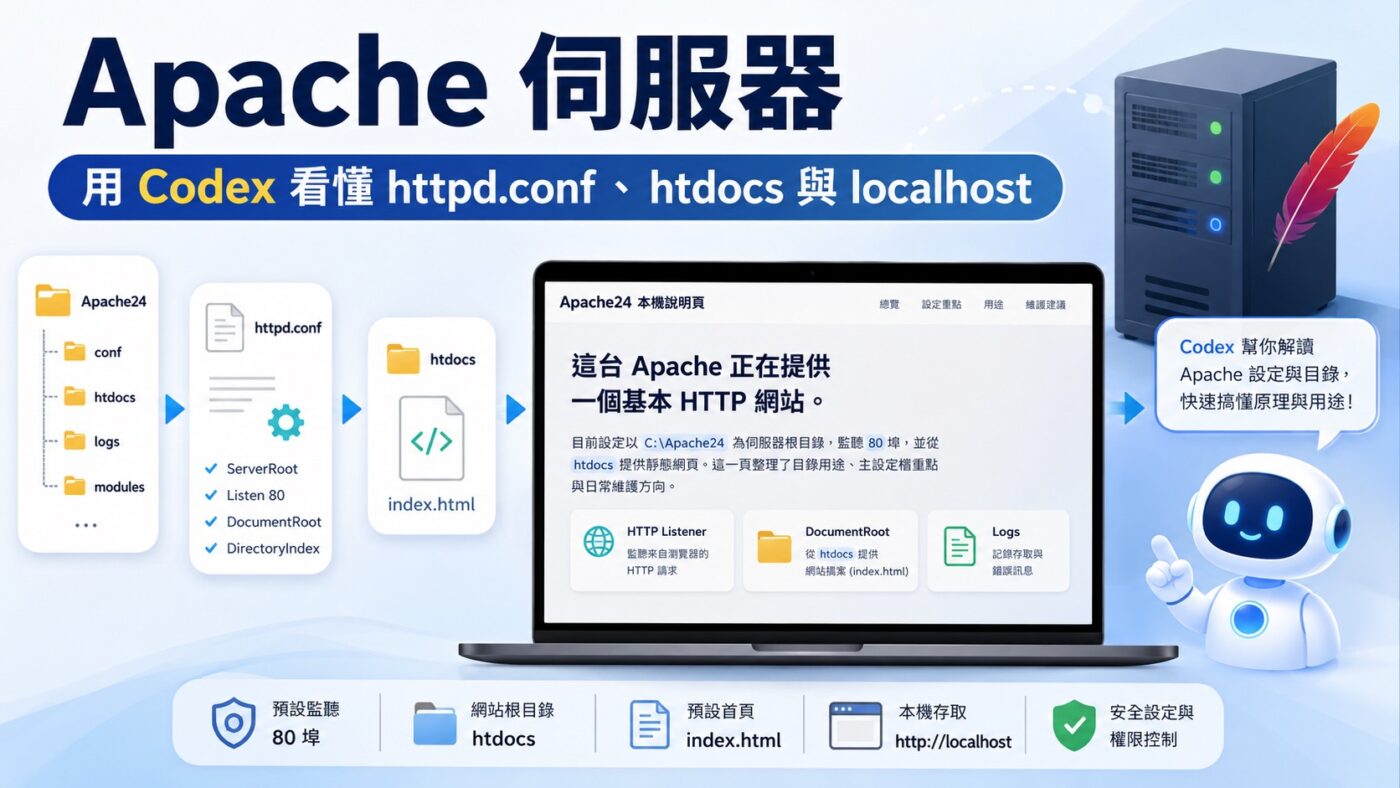 Apache 伺服器：用 Codex 看懂 httpd.conf、htdocs 與 localhost