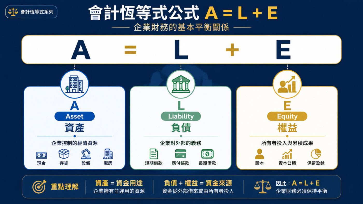 二、會計恆等式公式:A=L+E代表什麼意思?