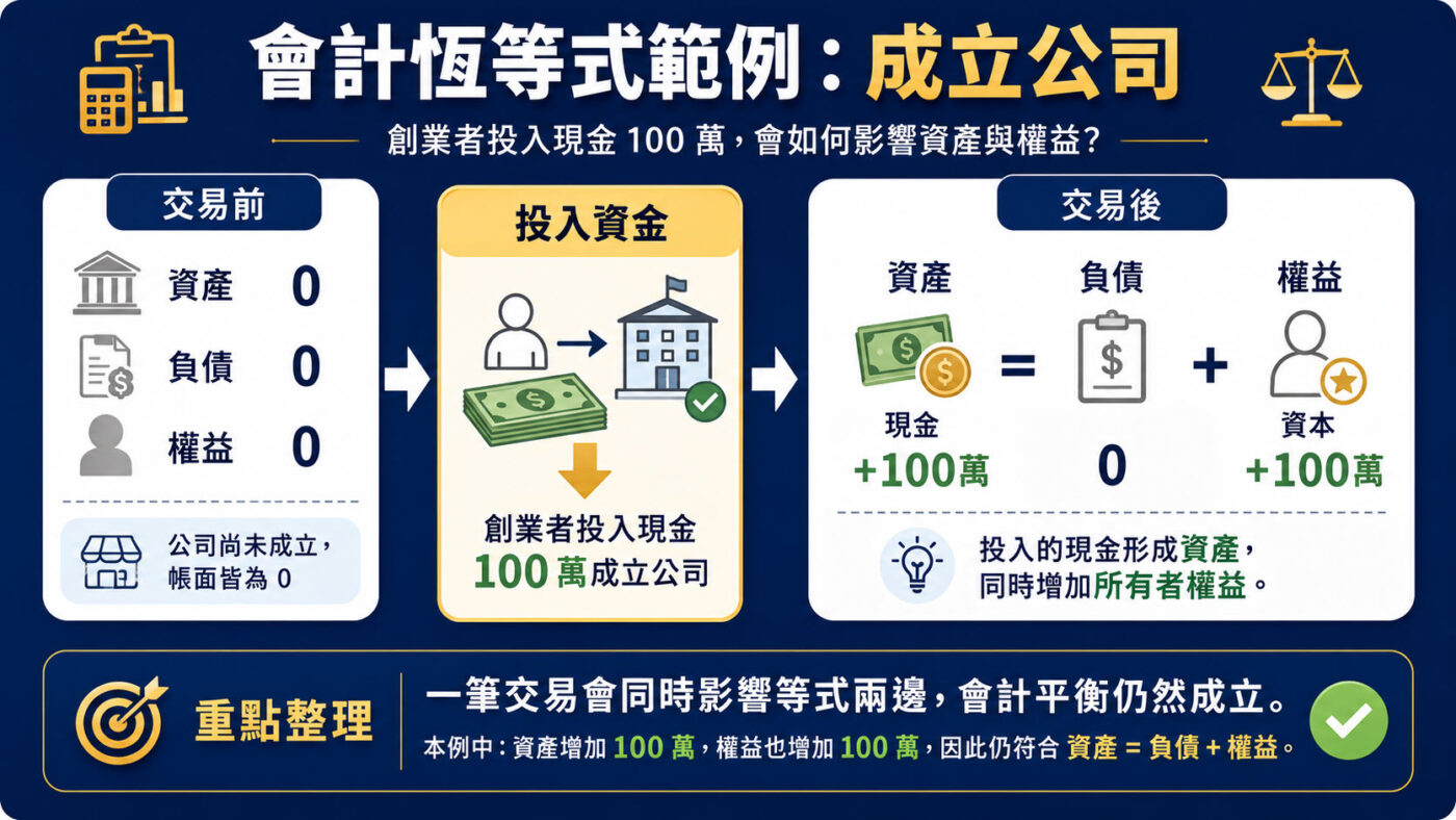 三、會計恆等式範例:成立公司如何產生財務平衡