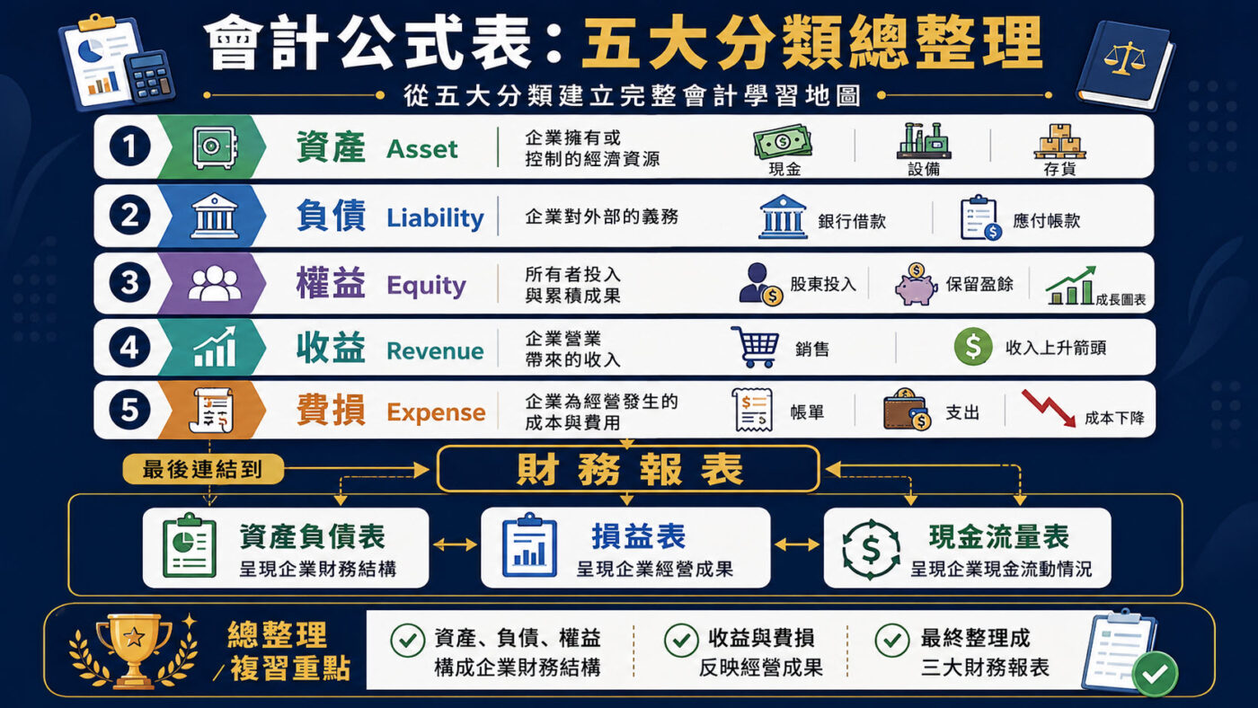 七、會計公式表:五大分類與財務報表關係整理