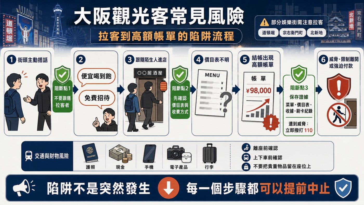 大阪觀光客常見風險:拉客、竊盜與消費糾紛